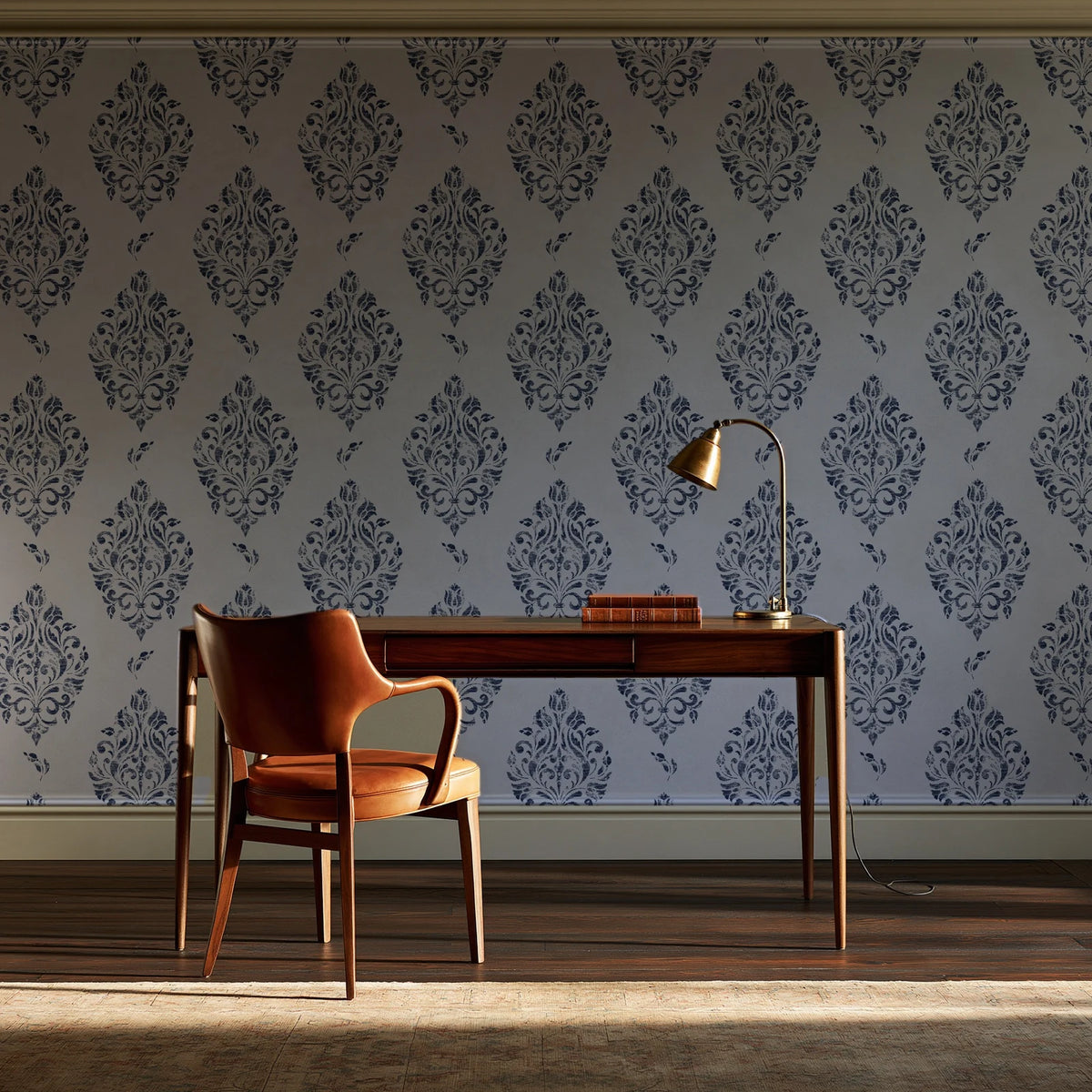 Porcelain Bouquet Inkwell damask wallpaper as a feature wall in a home study