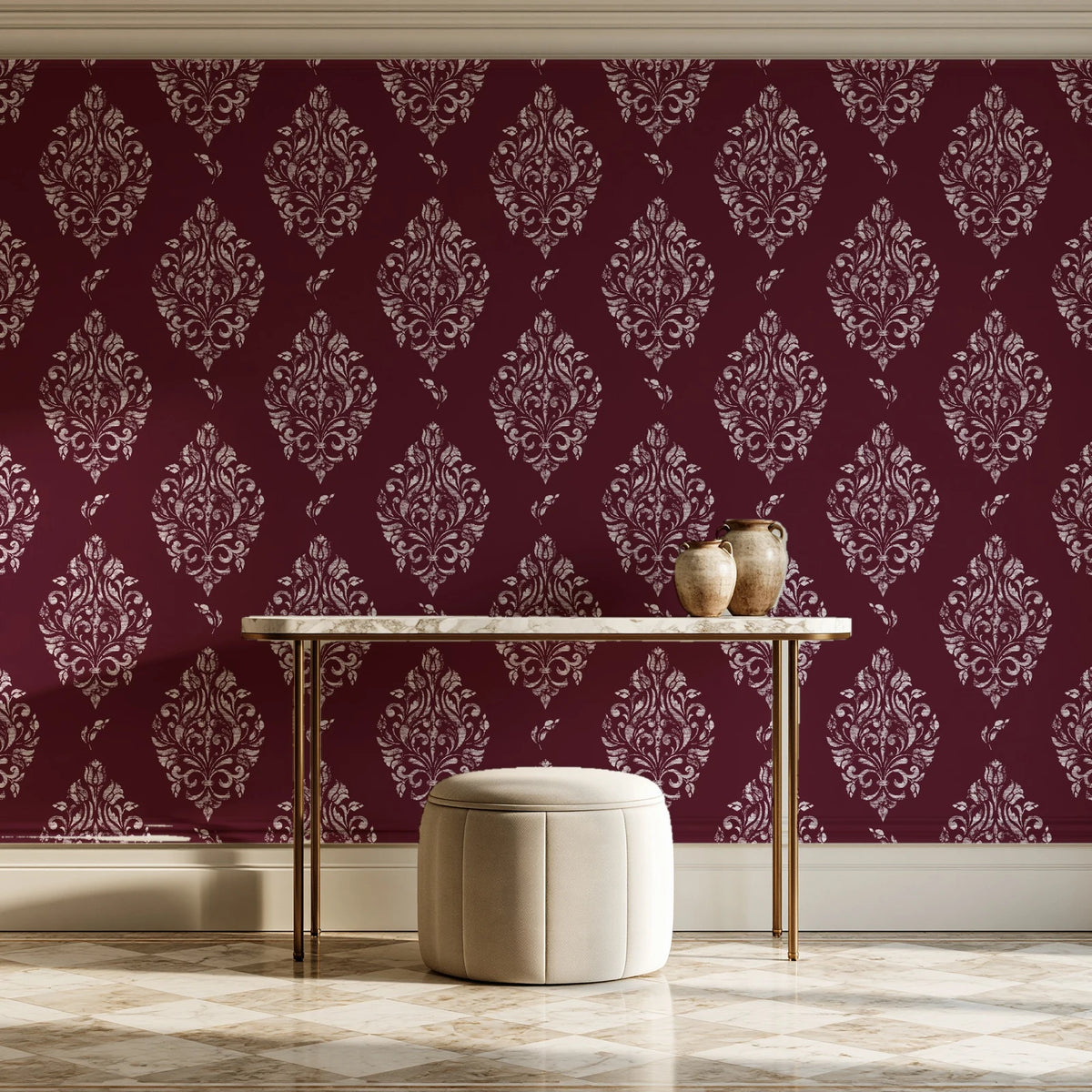 Porcelain Bouquet Oxblood damask wallpaper on the wall of a grand entry foyer