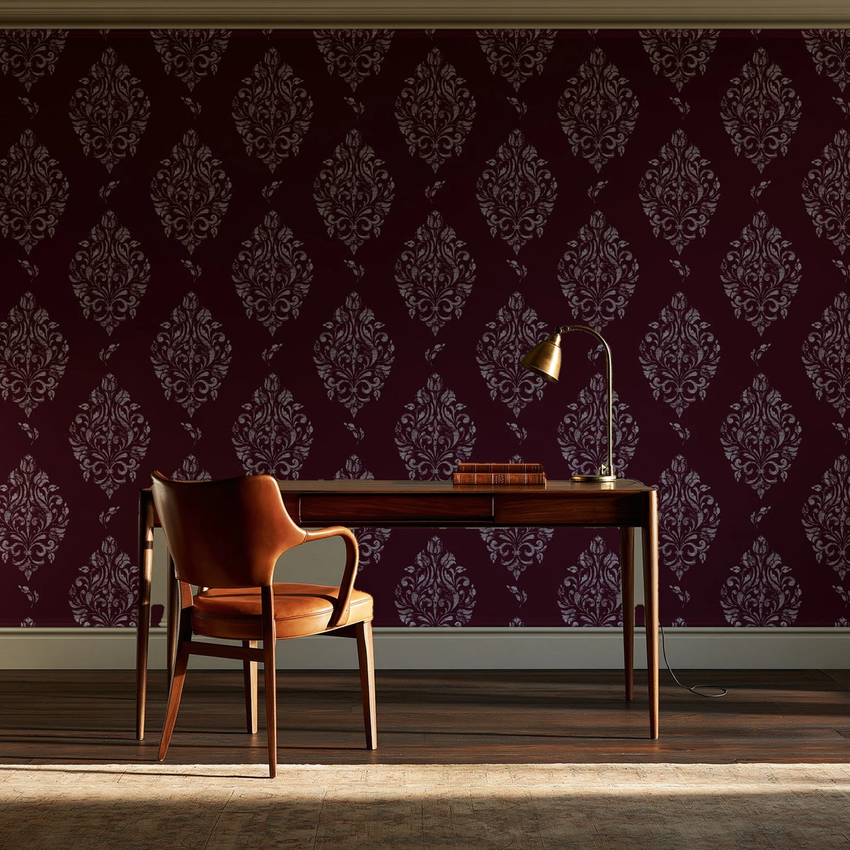 Porcelain Bouquet Oxblood damask wallpaper as a feature wall in a home study
