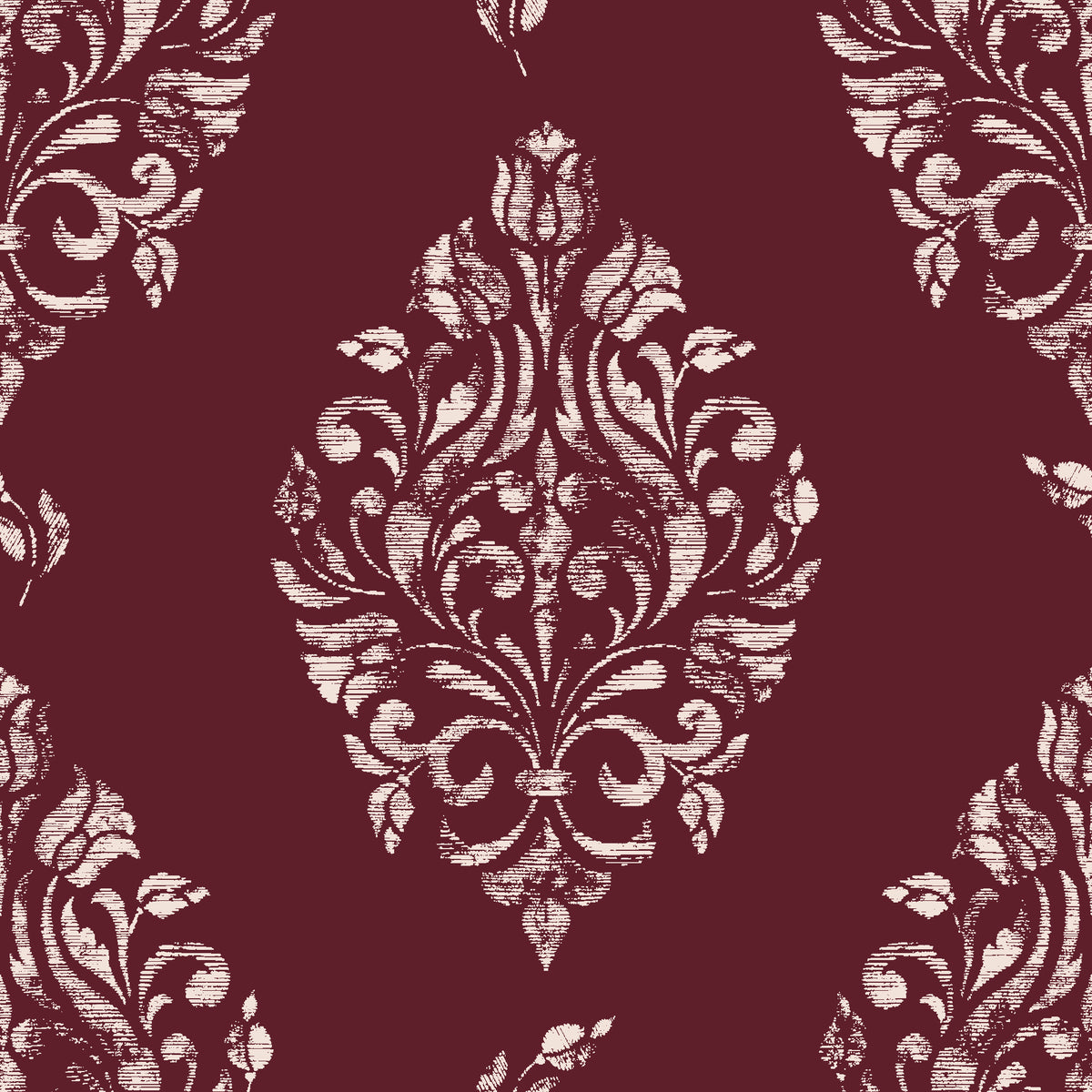 Porcelain Bouquet Oxblood damask wallpaper in oxblood and blush