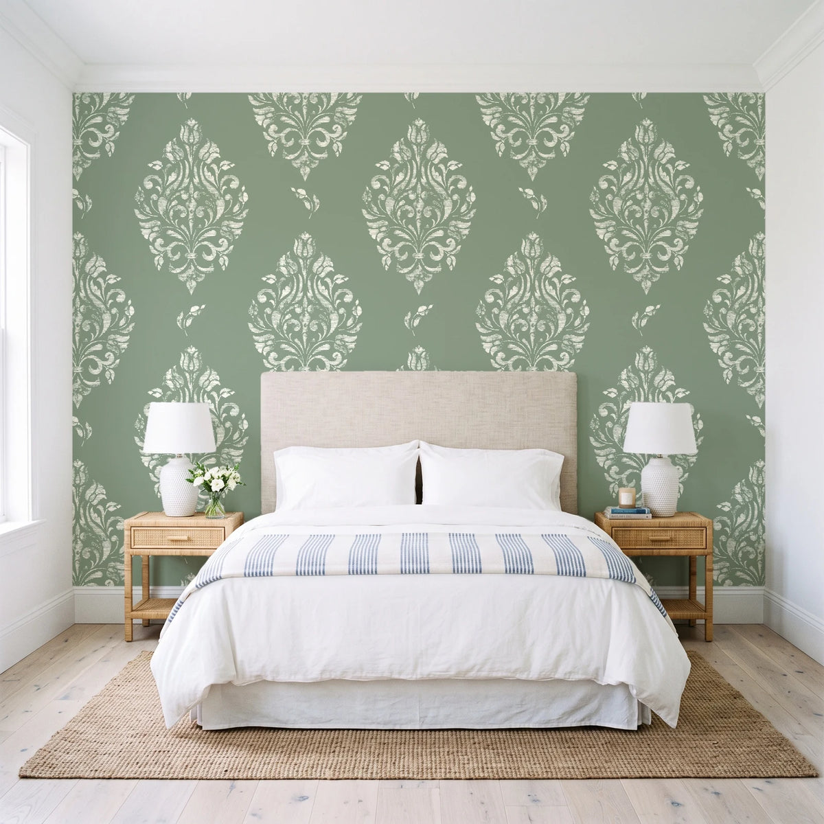 Porcelain Bouquet Sage damask wallpaper behind a queen bed in a bright coastal bedroom