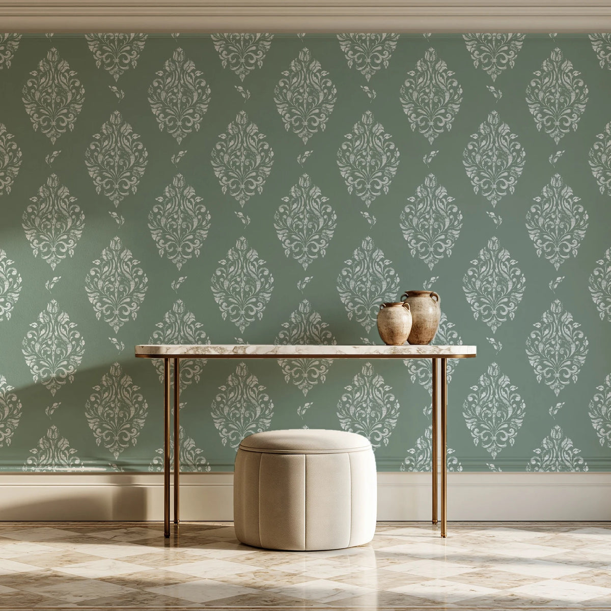 Porcelain Bouquet Sage damask wallpaper on the wall of a grand entry foyer