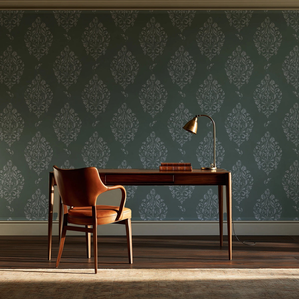 Porcelain Bouquet Sage damask wallpaper as a feature wall in a home study