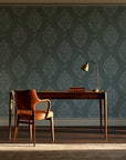 Porcelain Bouquet Sage damask wallpaper as a feature wall in a home study
