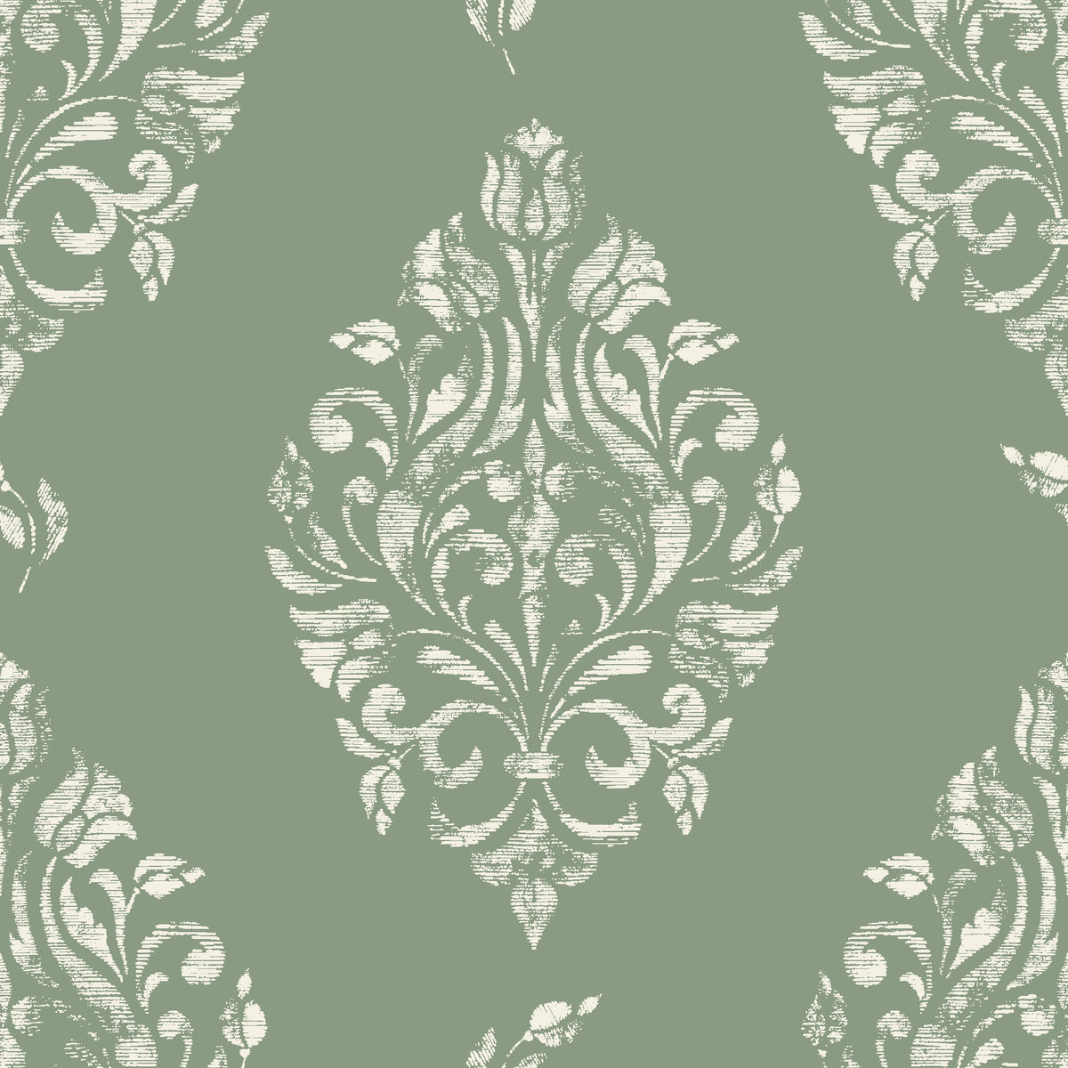 Porcelain Bouquet Sage damask wallpaper in sage and cream