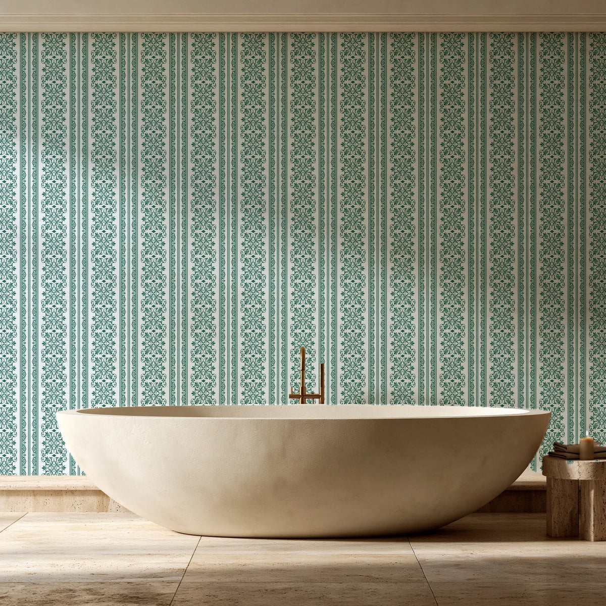 Porcelain Filigree Emerald filigree damask wallpaper creating ambiance in a serene spa bathroom