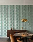 Porcelain Filigree Emerald filigree damask wallpaper in an elegant dining room