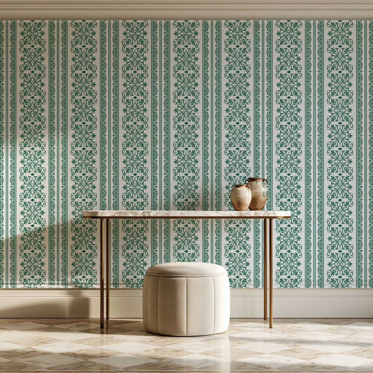 Porcelain Filigree Emerald filigree damask wallpaper on the wall of a grand entry foyer