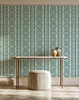 Porcelain Filigree Emerald filigree damask wallpaper on the wall of a grand entry foyer