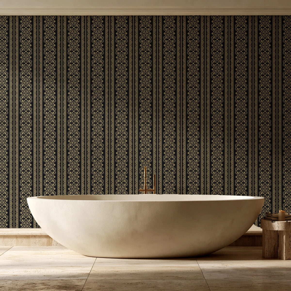Porcelain Filigree Noir filigree damask wallpaper creating ambiance in a serene spa bathroom