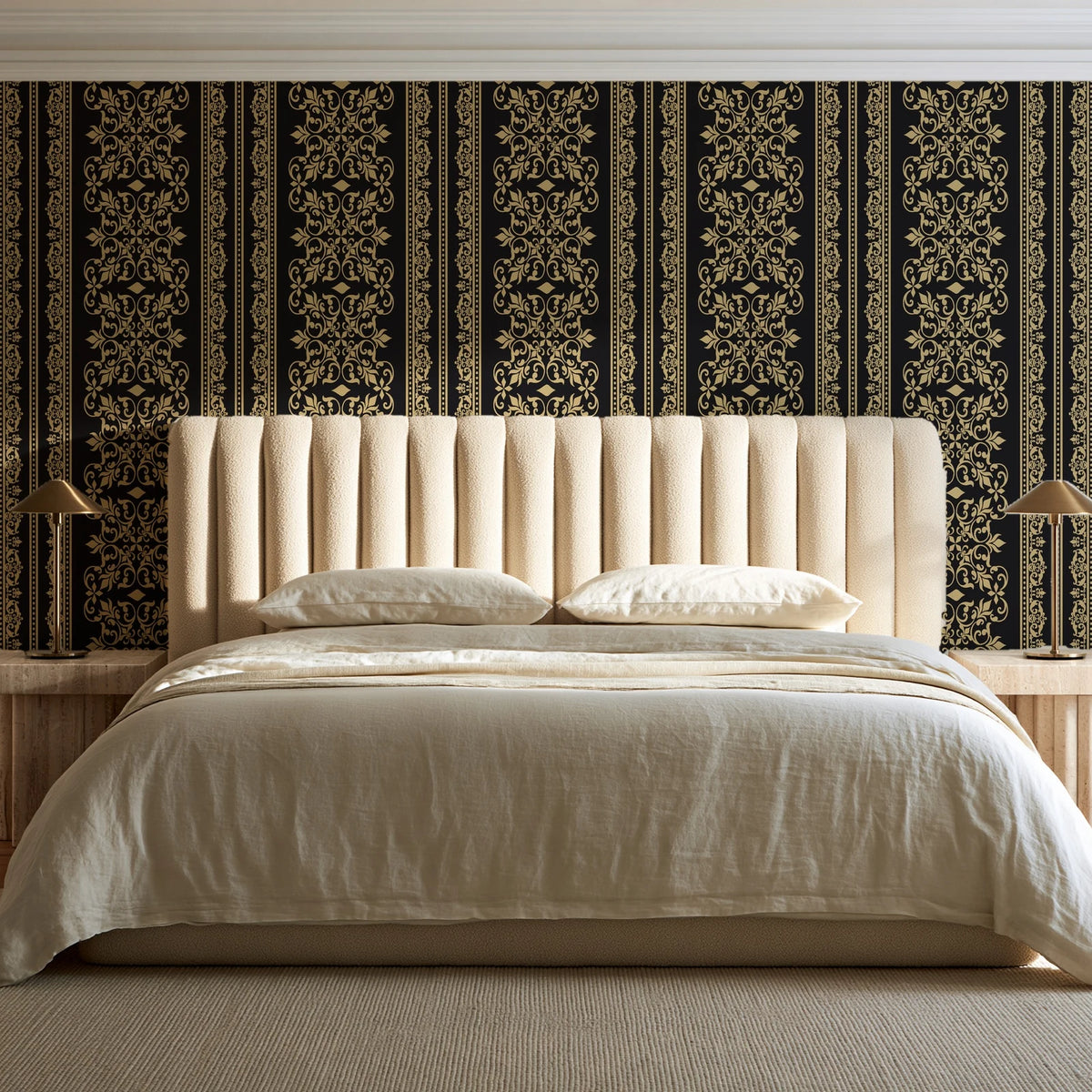 Porcelain Filigree Noir filigree damask wallpaper behind a channel-tufted bed in a calm primary bedroom