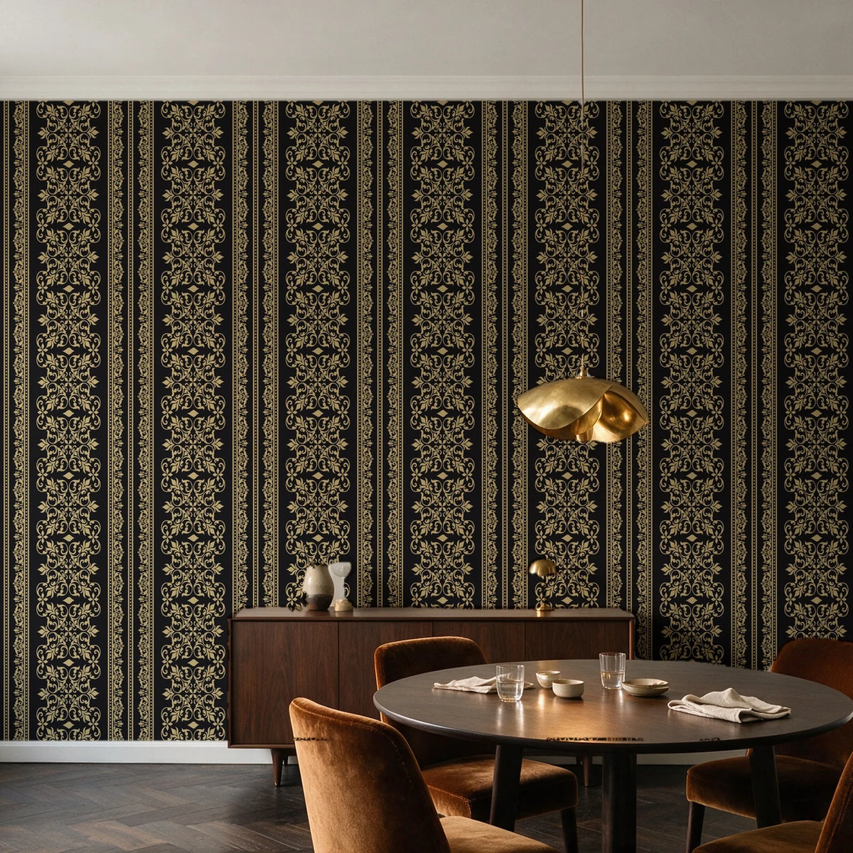 Porcelain Filigree Noir filigree damask wallpaper in an elegant dining room