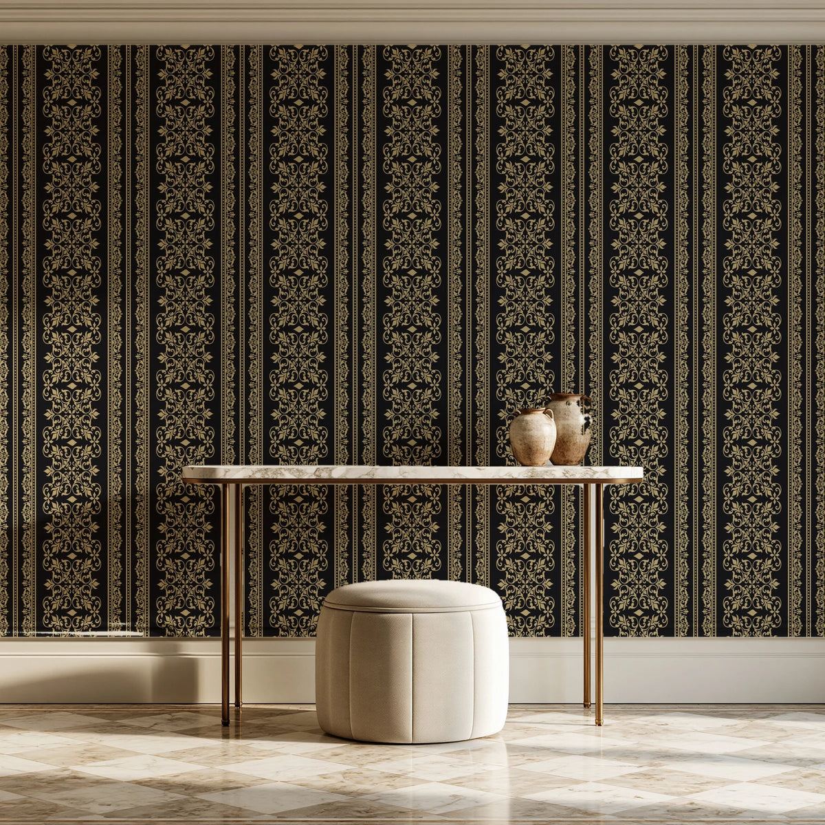Porcelain Filigree Noir filigree damask wallpaper on the wall of a grand entry foyer