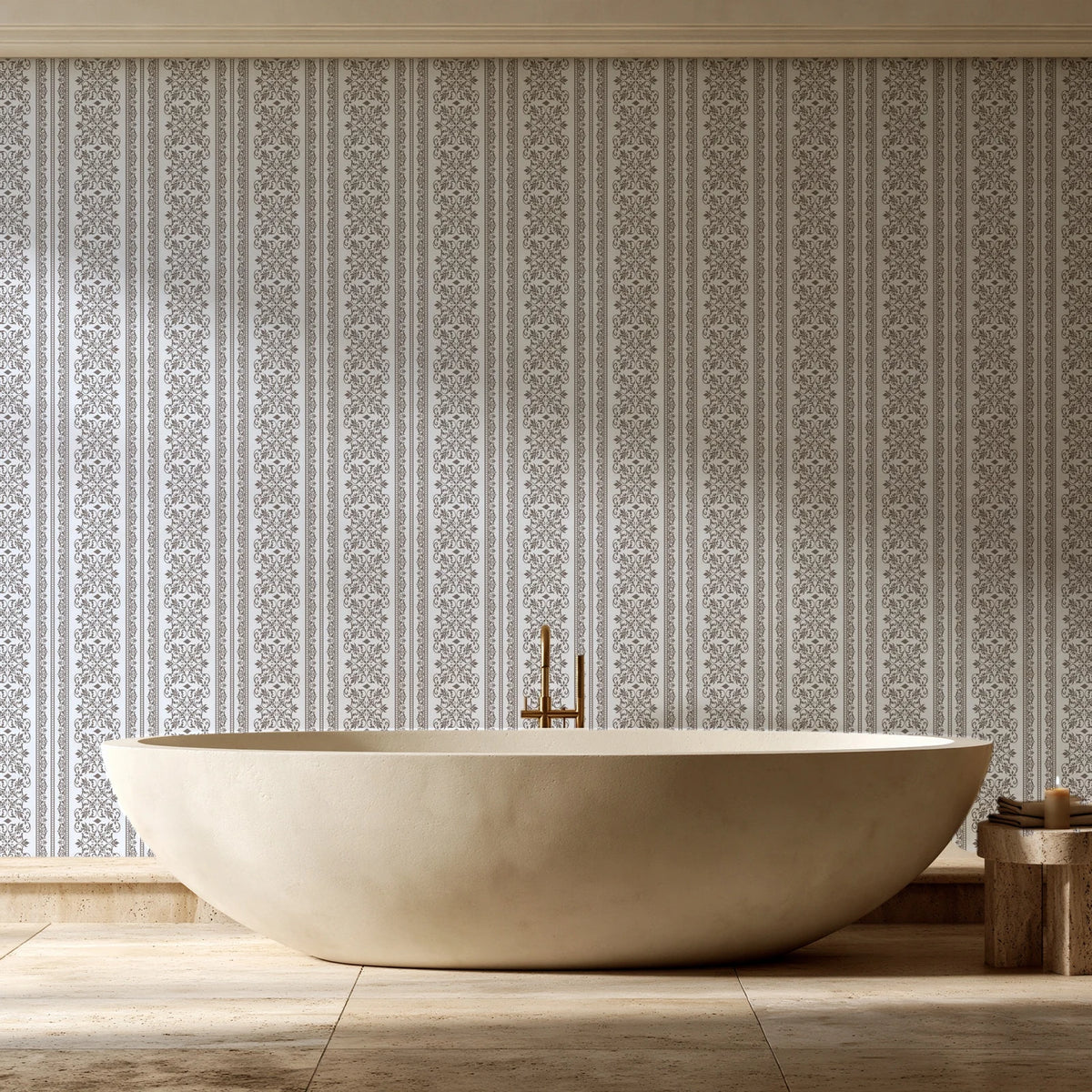 Porcelain Filigree Taupe filigree damask wallpaper creating ambiance in a serene spa bathroom