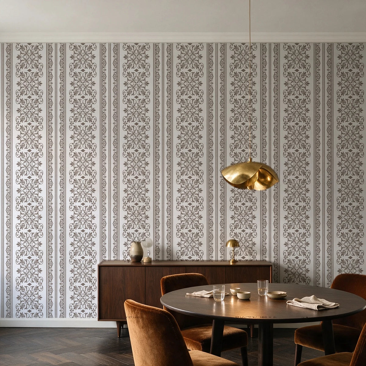 Porcelain Filigree Taupe filigree damask wallpaper in an elegant dining room