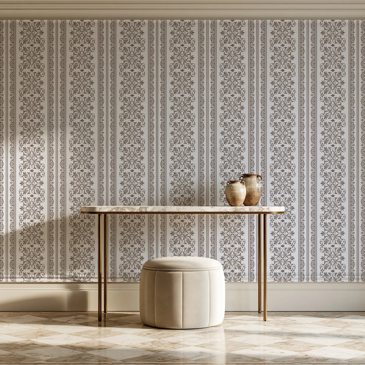 Porcelain Filigree Taupe filigree damask wallpaper on the wall of a grand entry foyer