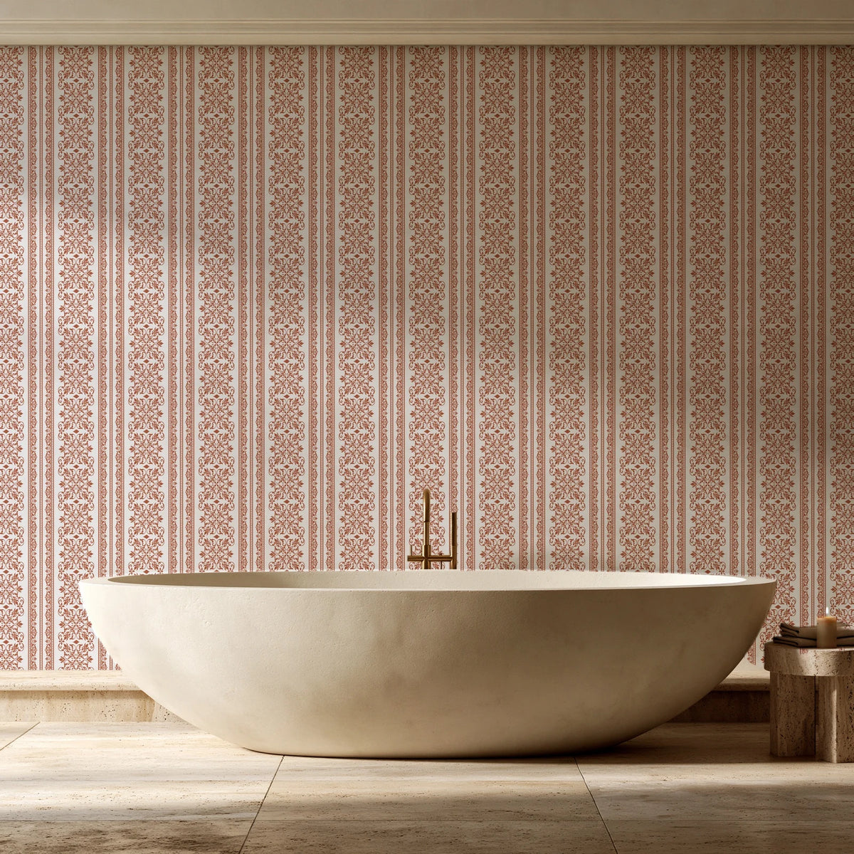 Porcelain Filigree Terracotta filigree damask wallpaper creating ambiance in a serene spa bathroom