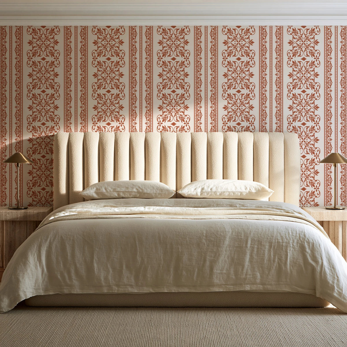 Porcelain Filigree Terracotta filigree damask wallpaper behind a channel-tufted bed in a calm primary bedroom
