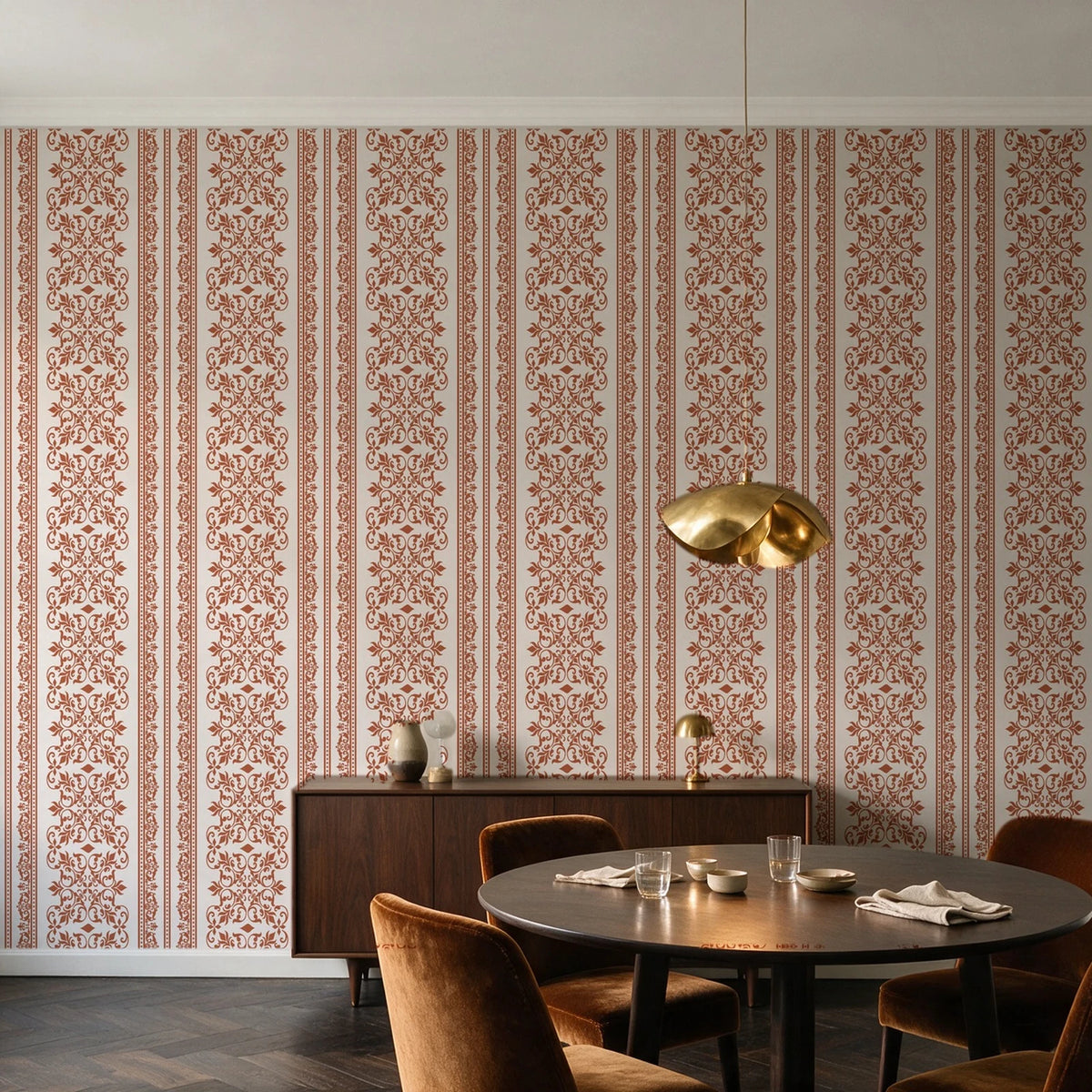 Porcelain Filigree Terracotta filigree damask wallpaper in an elegant dining room