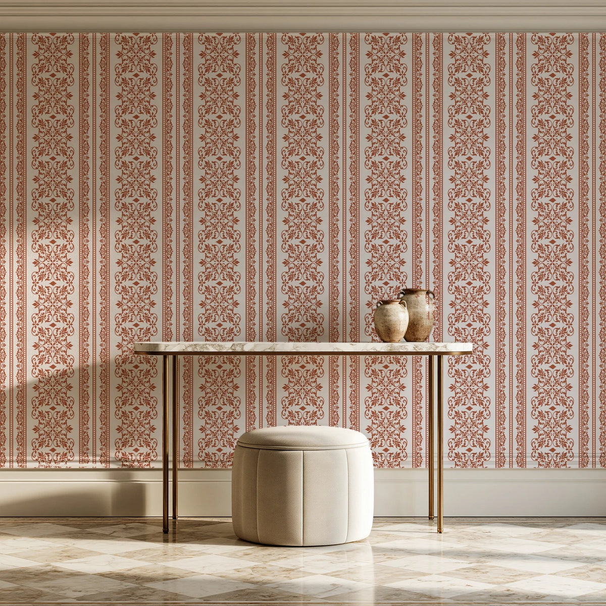 Porcelain Filigree Terracotta filigree damask wallpaper on the wall of a grand entry foyer