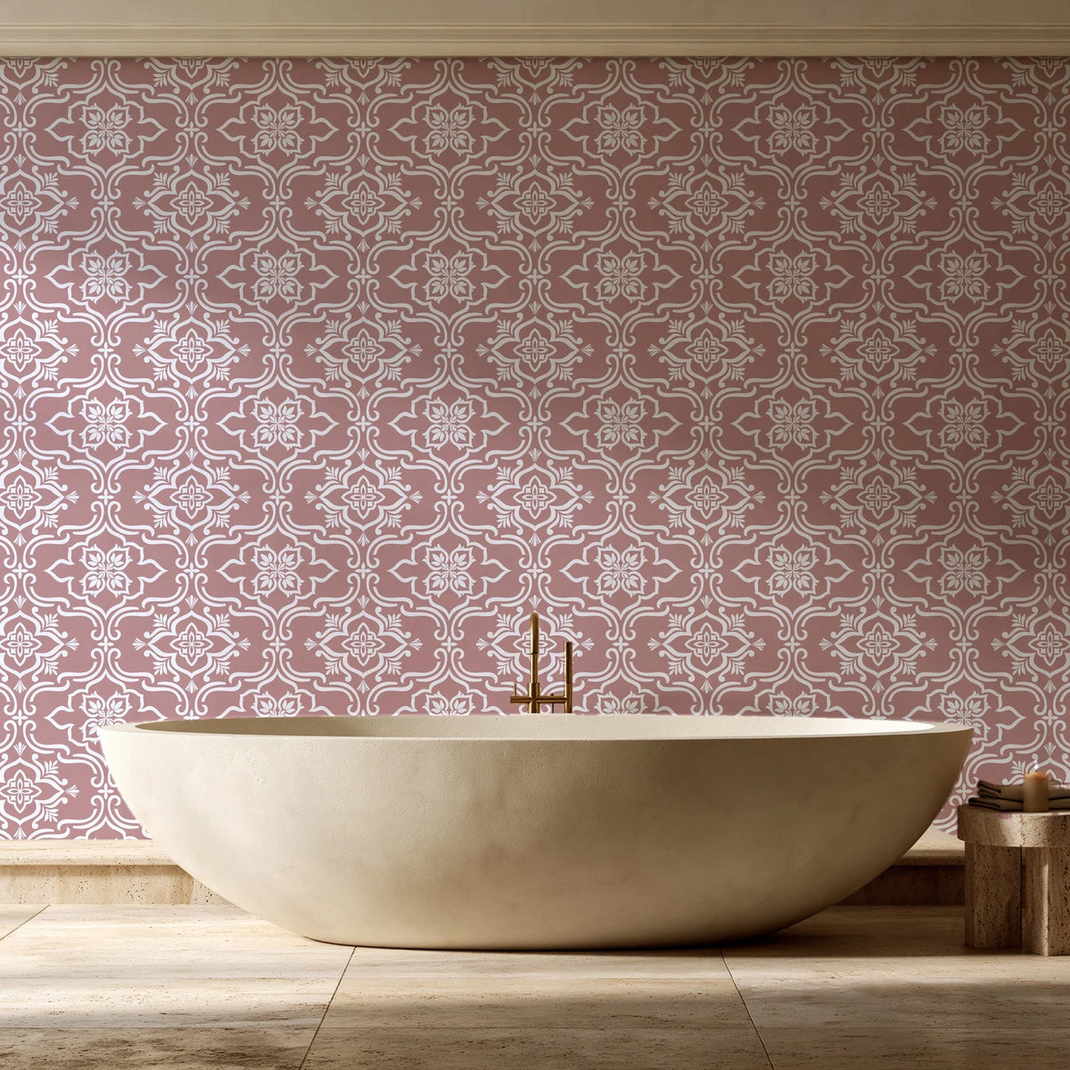 Pure Fern Fantasy Dusty Rose fern medallion wallpaper creating ambiance in a serene spa bathroom