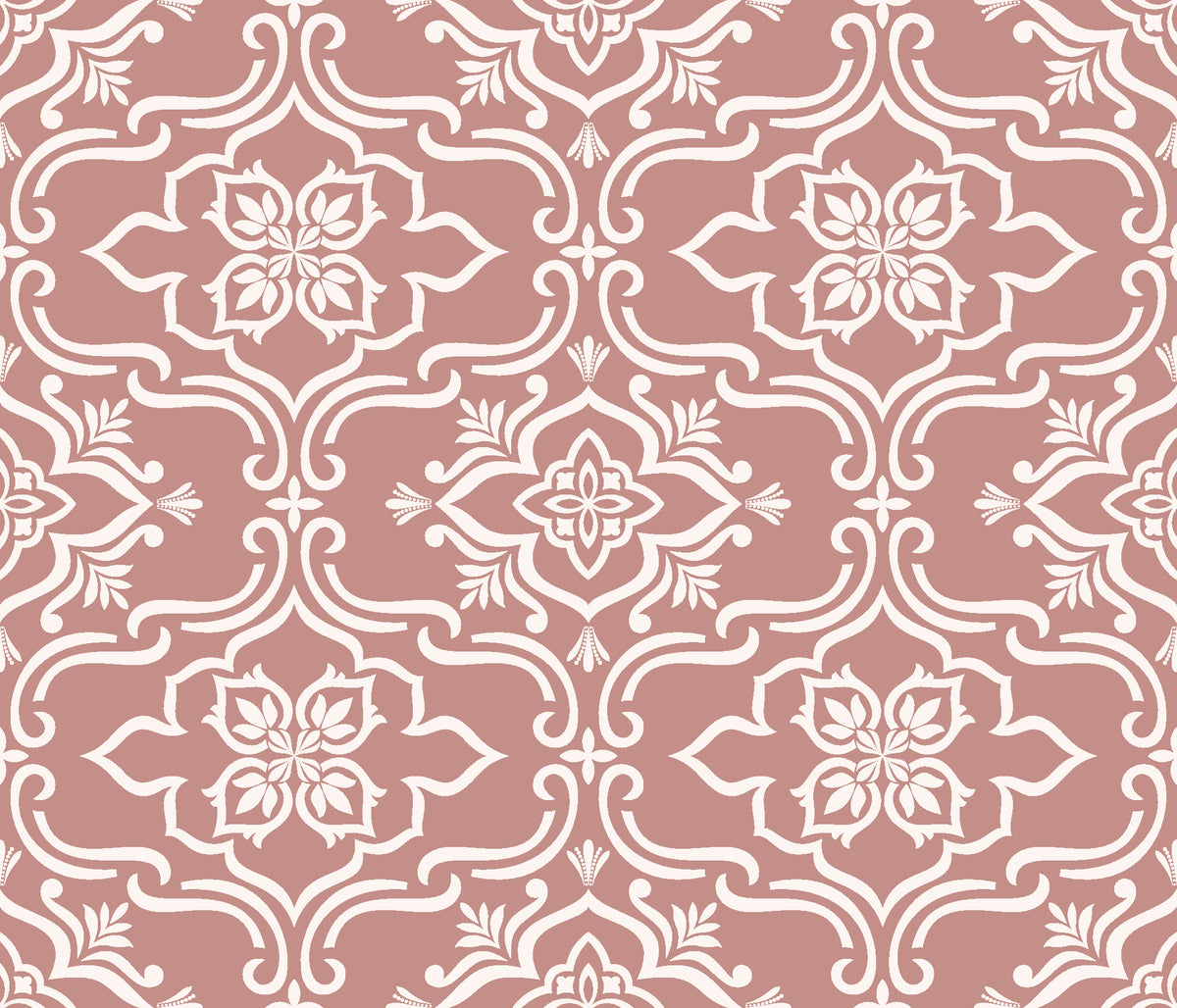 Pure Fern Fantasy Dusty Rose fern medallion wallpaper in dusty rose and ivory
