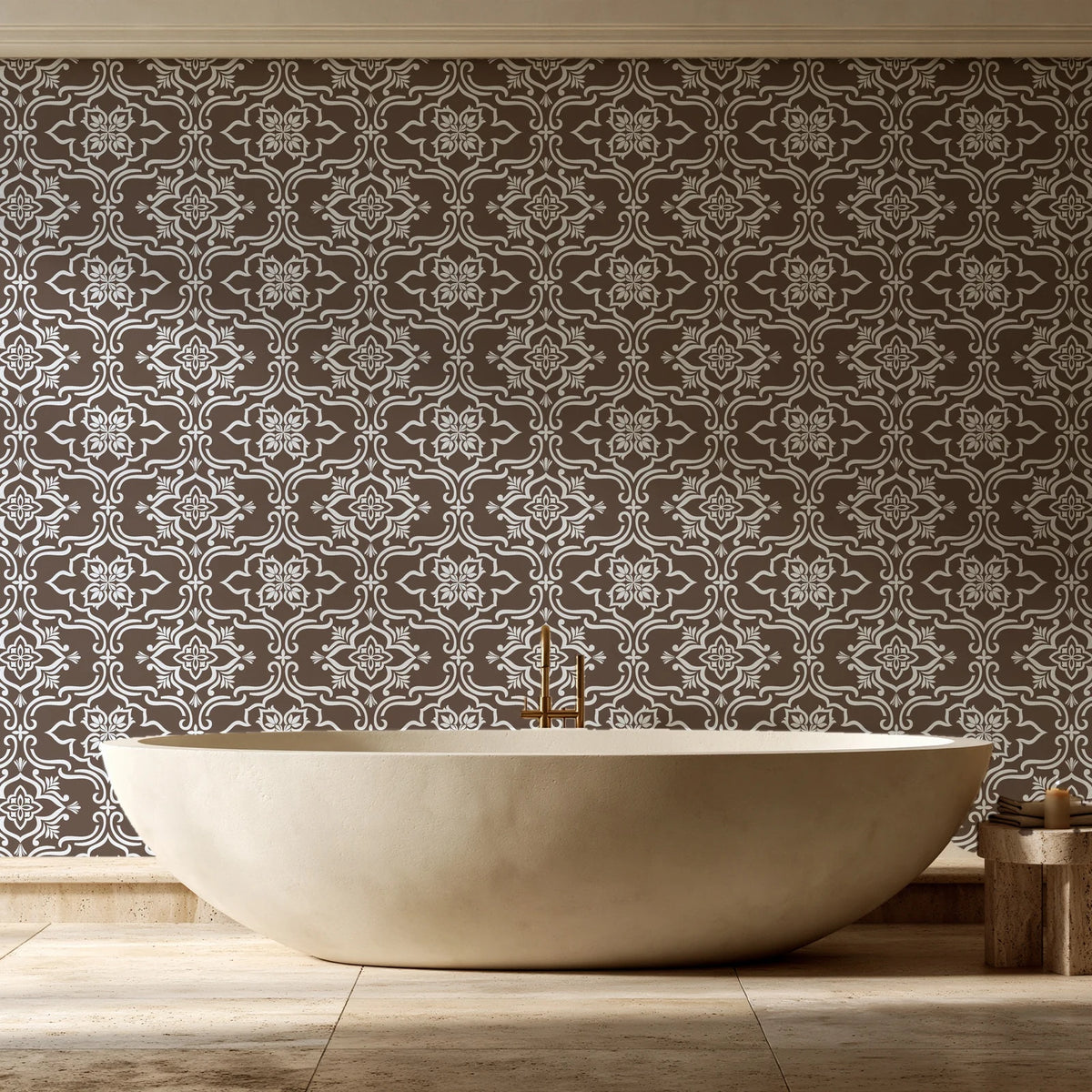 Pure Fern Fantasy Mocha fern medallion wallpaper creating ambiance in a serene spa bathroom