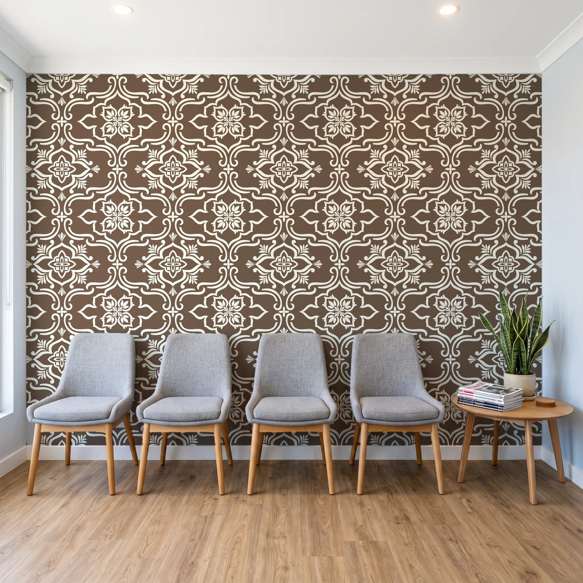 Pure Fern Fantasy Mocha fern medallion wallpaper behind a row of upholstered chairs in a bright clinic waiting room