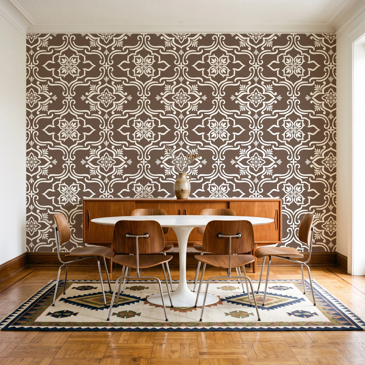Pure Fern Fantasy Mocha fern medallion wallpaper in a mid-century dining room with a teak sideboard and tulip table