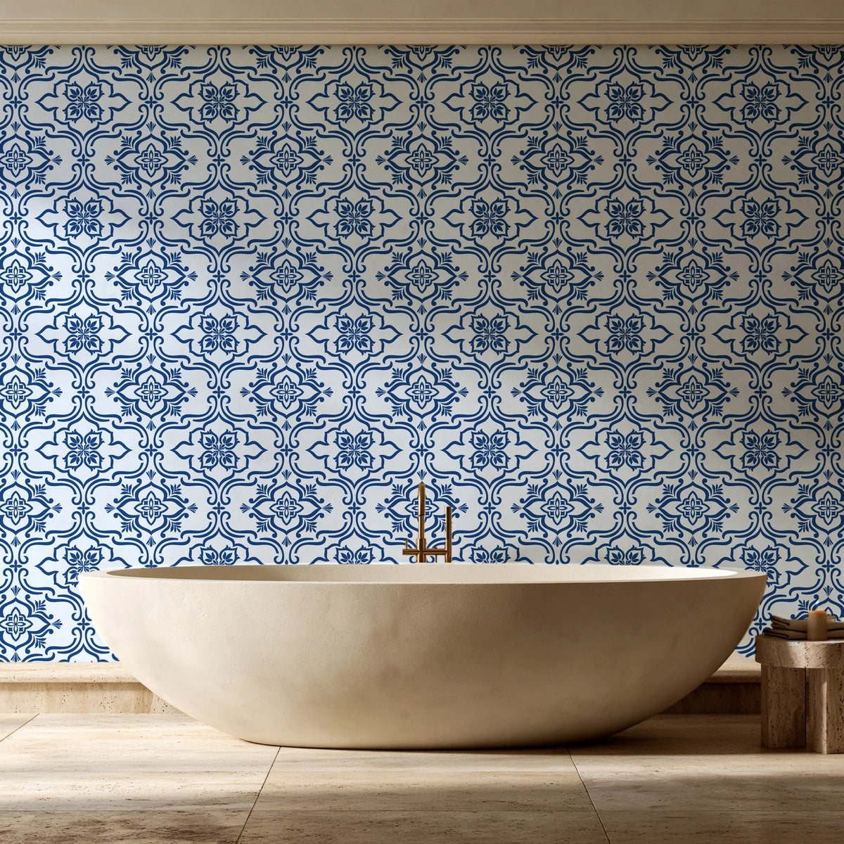 Pure Fern Fantasy Porcelain fern medallion wallpaper creating ambiance in a serene spa bathroom