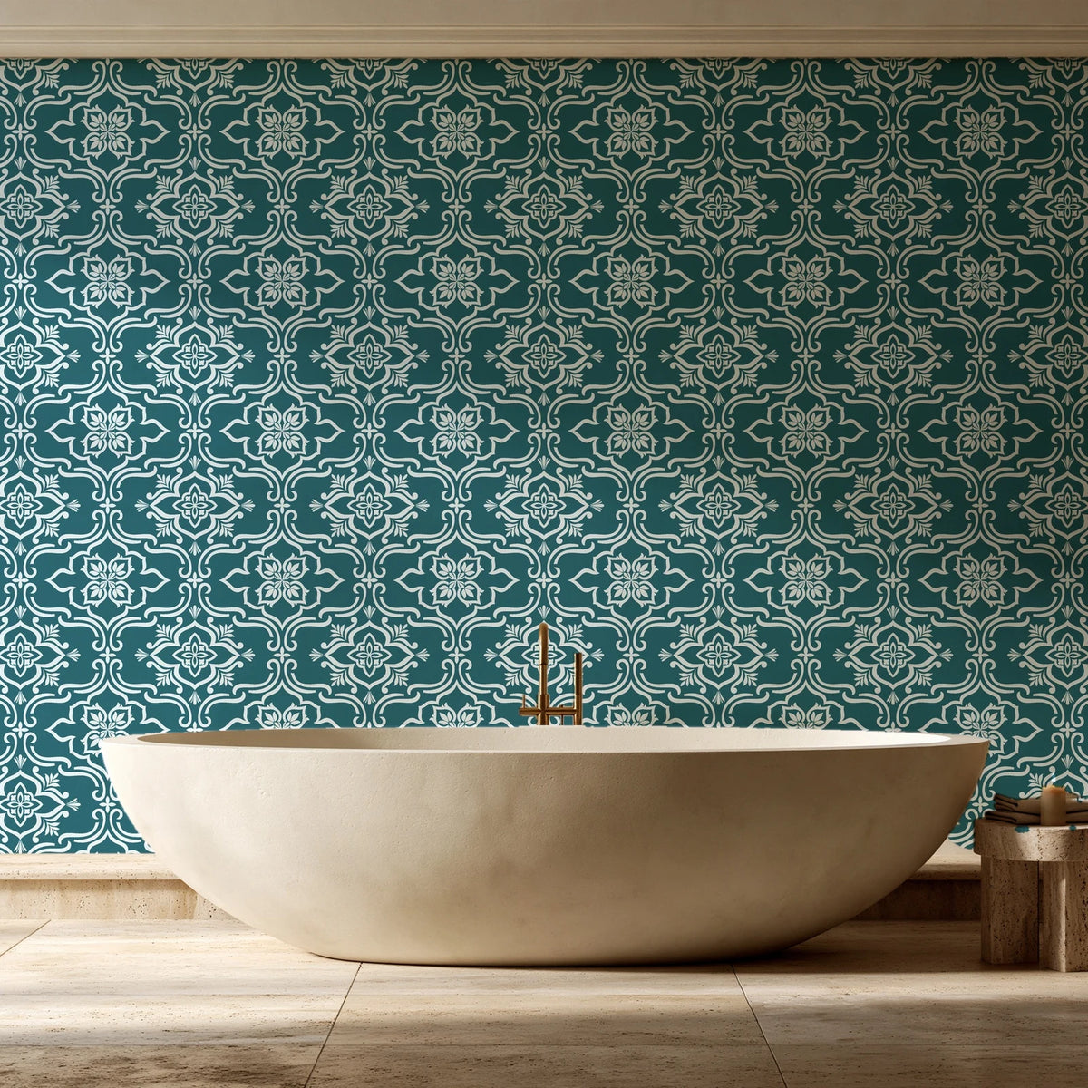 Pure Fern Fantasy Teal fern medallion wallpaper creating ambiance in a serene spa bathroom