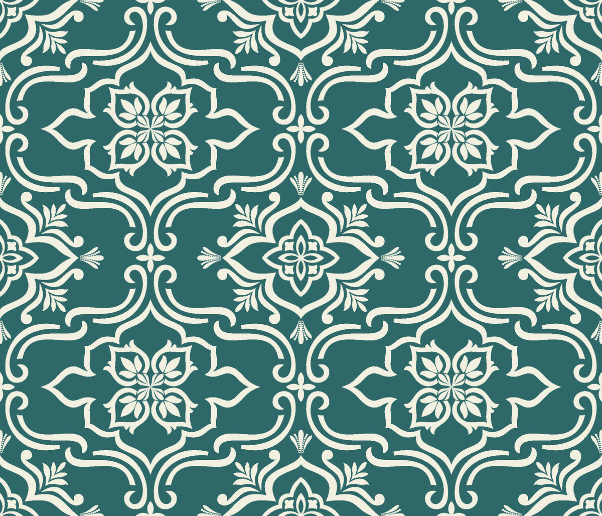 Pure Fern Fantasy Teal fern medallion wallpaper in teal and ivory