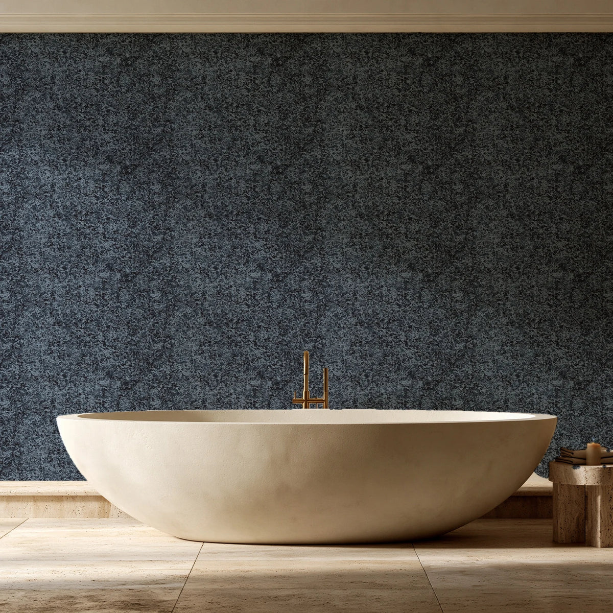 Quiet Camo Charcoal abstract wallpaper creating ambiance in a serene spa bathroom