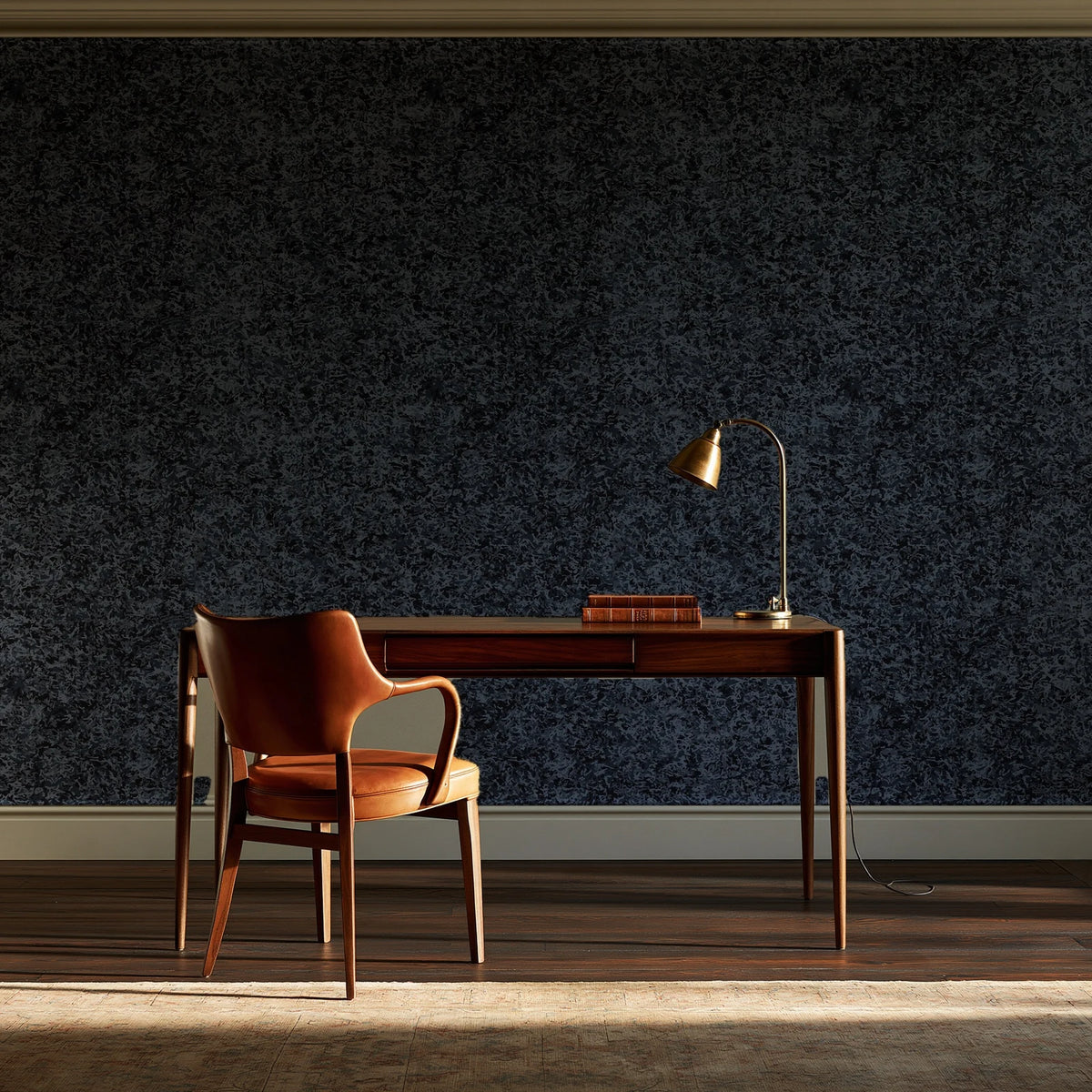 Quiet Camo Charcoal abstract wallpaper as a feature wall in a home study