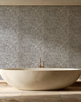 Quiet Camo Greige abstract wallpaper creating ambiance in a serene spa bathroom