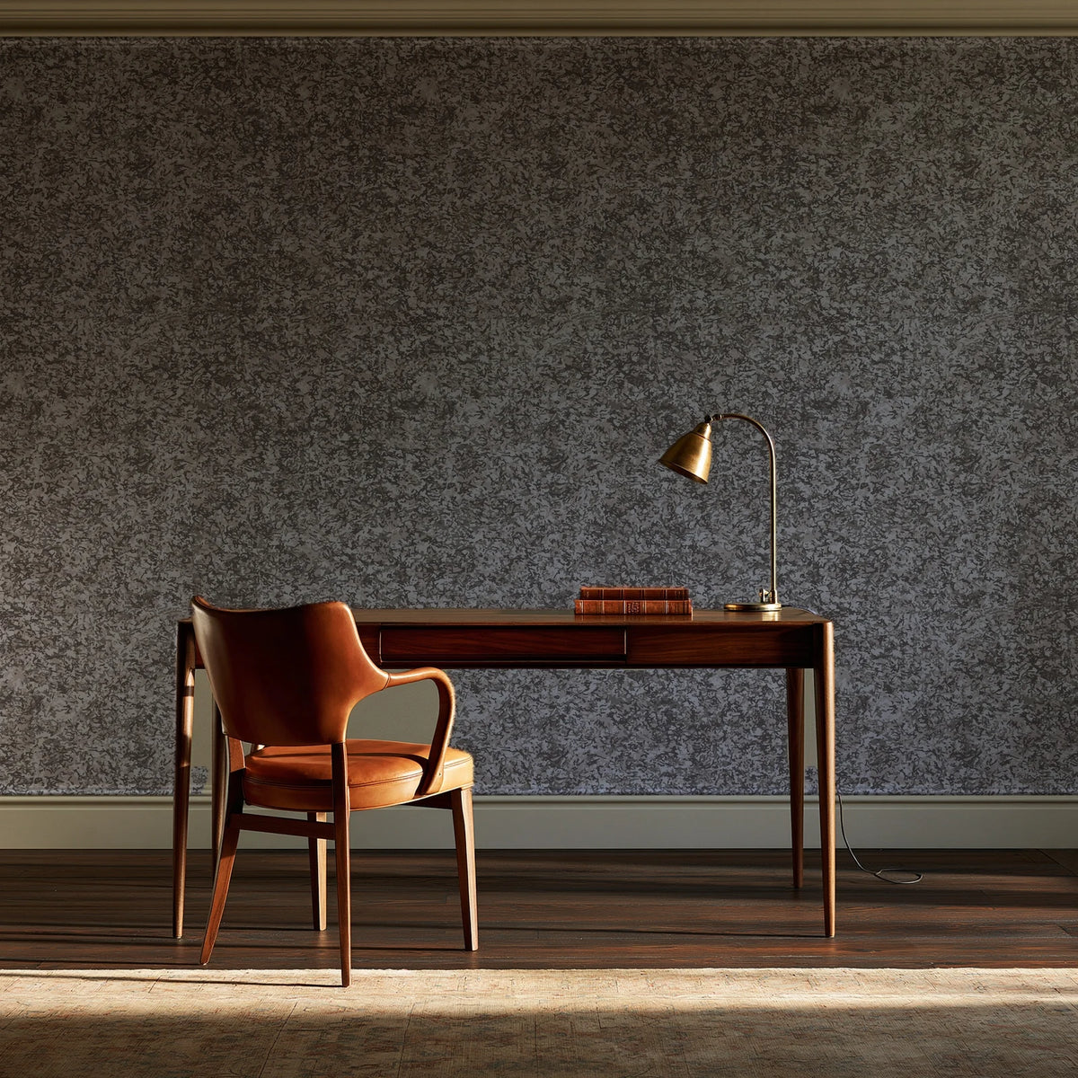 Quiet Camo Greige abstract wallpaper as a feature wall in a home study