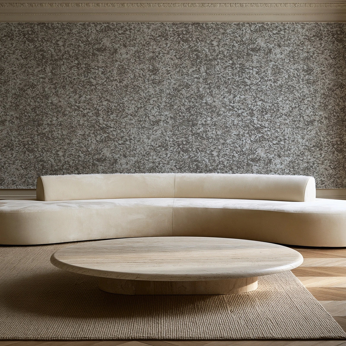 Quiet Camo Greige abstract wallpaper in an elegant living room