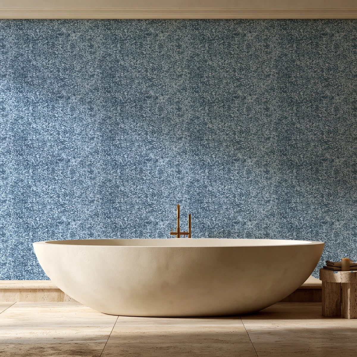 Quiet Camo Slate abstract wallpaper creating ambiance in a serene spa bathroom