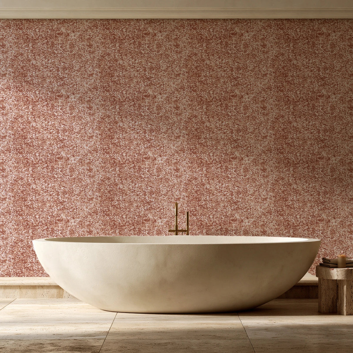 Quiet Camo Terracotta abstract wallpaper creating ambiance in a serene spa bathroom