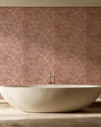 Quiet Camo Terracotta abstract wallpaper creating ambiance in a serene spa bathroom