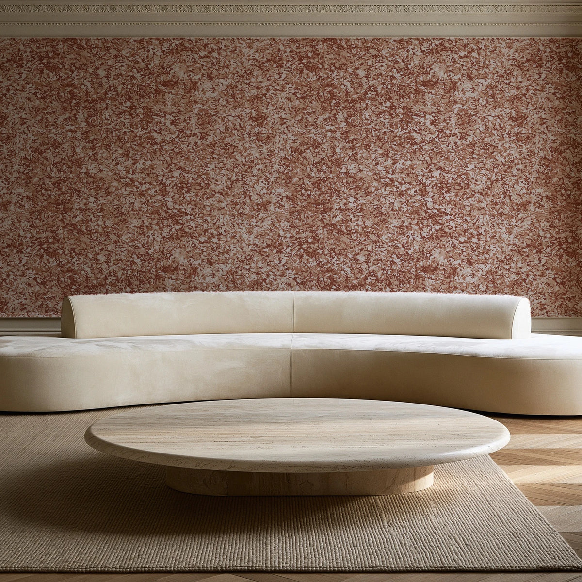 Quiet Camo Terracotta abstract wallpaper in an elegant living room