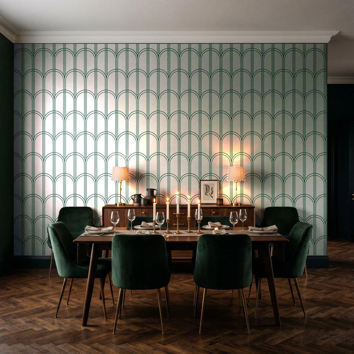 Quiet Grace Emerald minimalist arch wallpaper in a dark moody dining room with a candlelit table