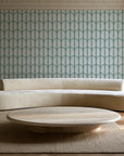 Quiet Grace Emerald minimalist arch wallpaper in an elegant living room