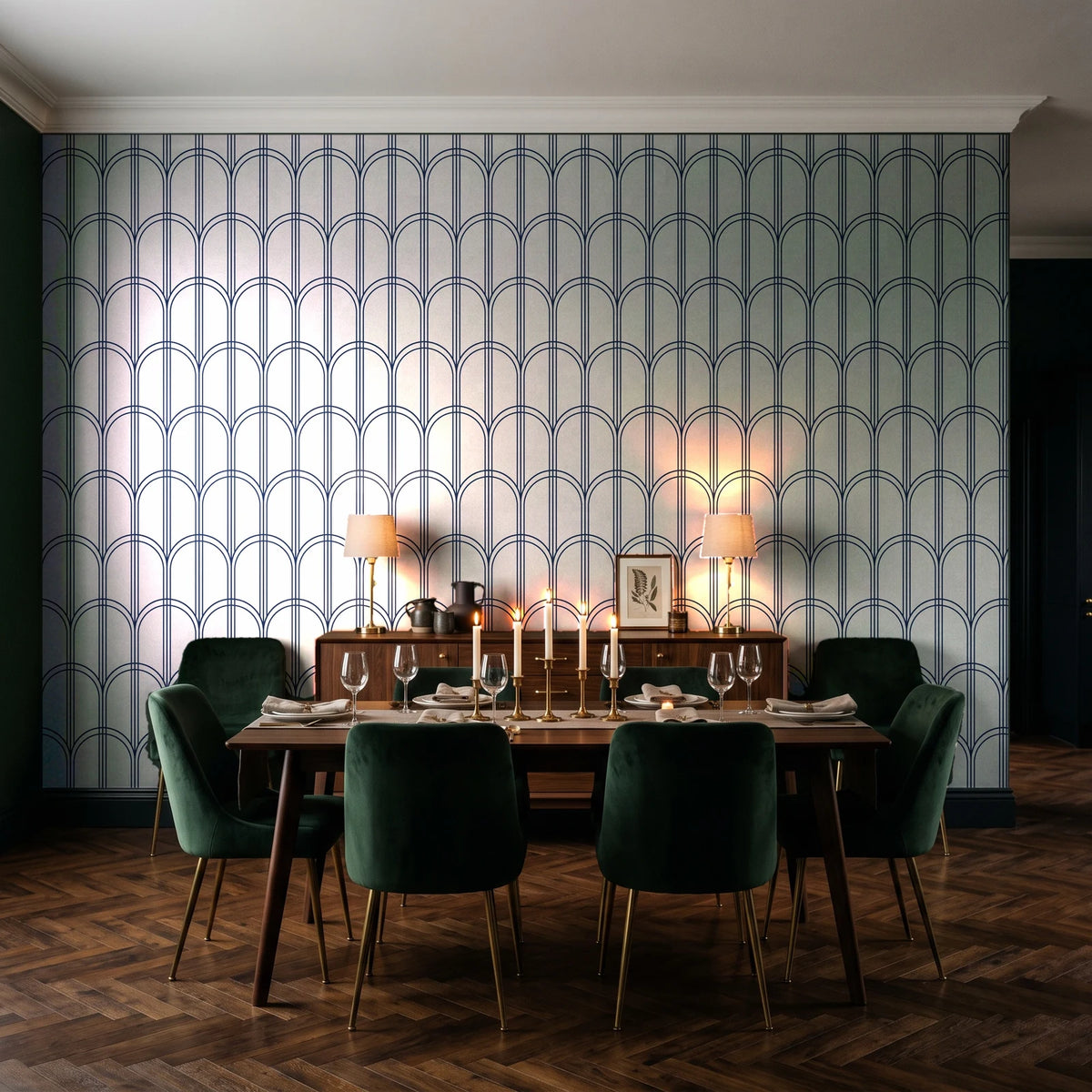 Quiet Grace Midnight minimalist arch wallpaper in a dark moody dining room with a candlelit table