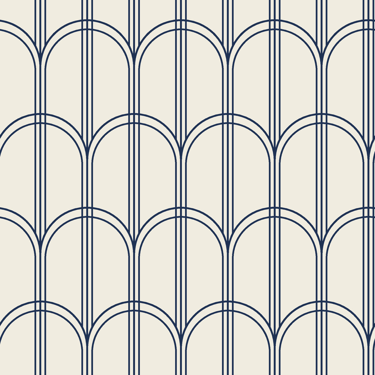 Quiet Grace Midnight minimalist arch wallpaper in midnight and ivory