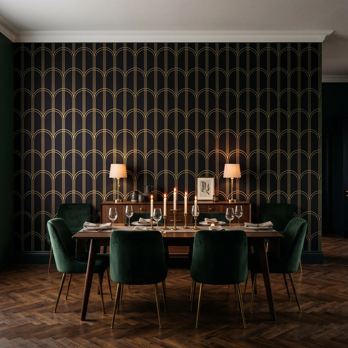Quiet Grace Noir minimalist arch wallpaper in a dark moody dining room with a candlelit table