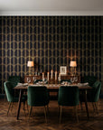 Quiet Grace Noir minimalist arch wallpaper in a dark moody dining room with a candlelit table