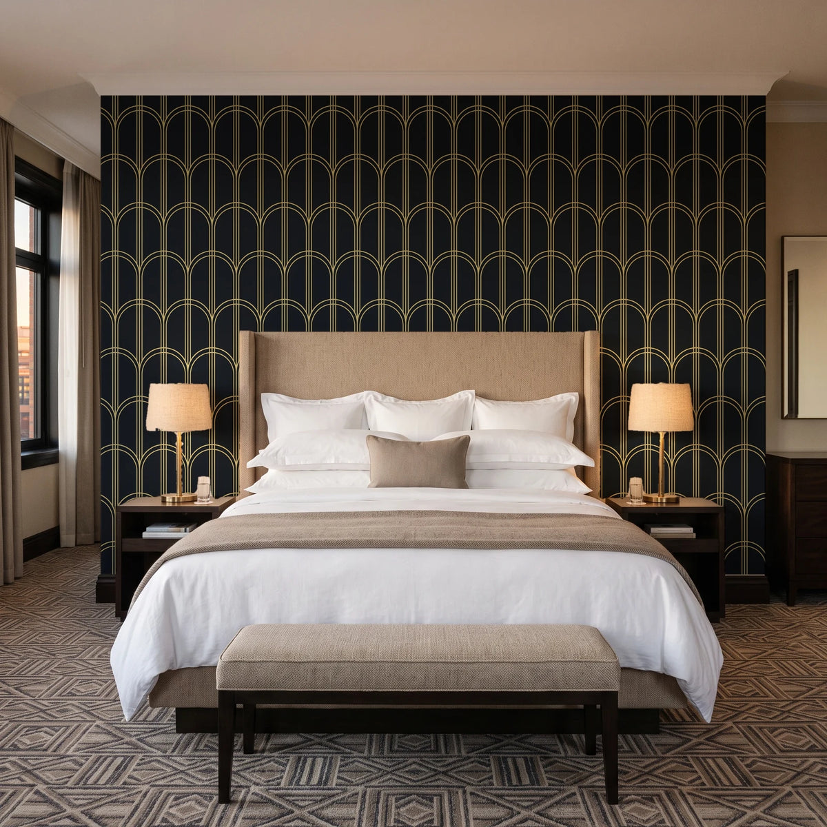 Quiet Grace Noir minimalist arch wallpaper behind the headboard of a king bed in a contemporary hotel guest room