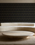 Quiet Grace Noir minimalist arch wallpaper in an elegant living room