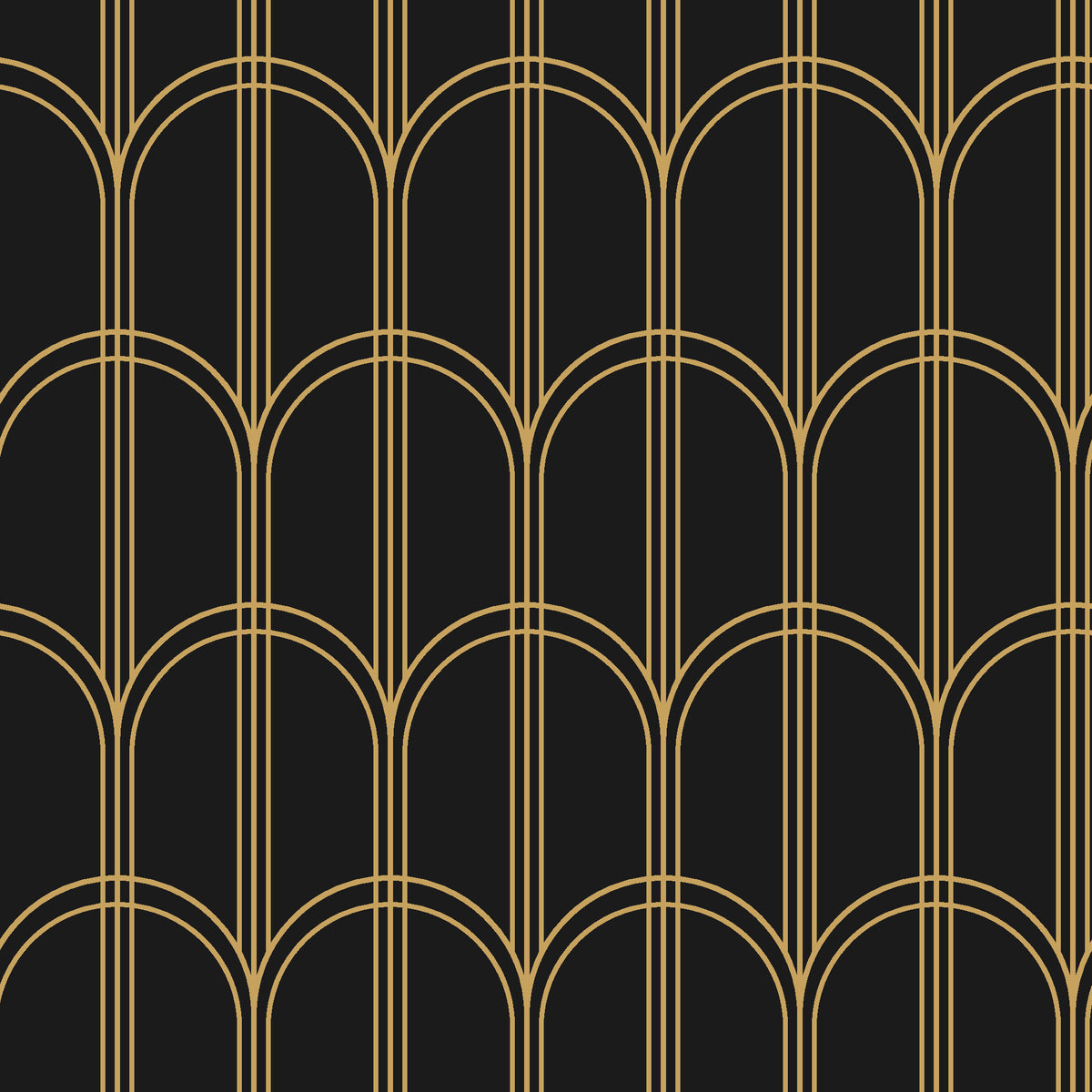 Quiet Grace Noir minimalist arch wallpaper in black and brass